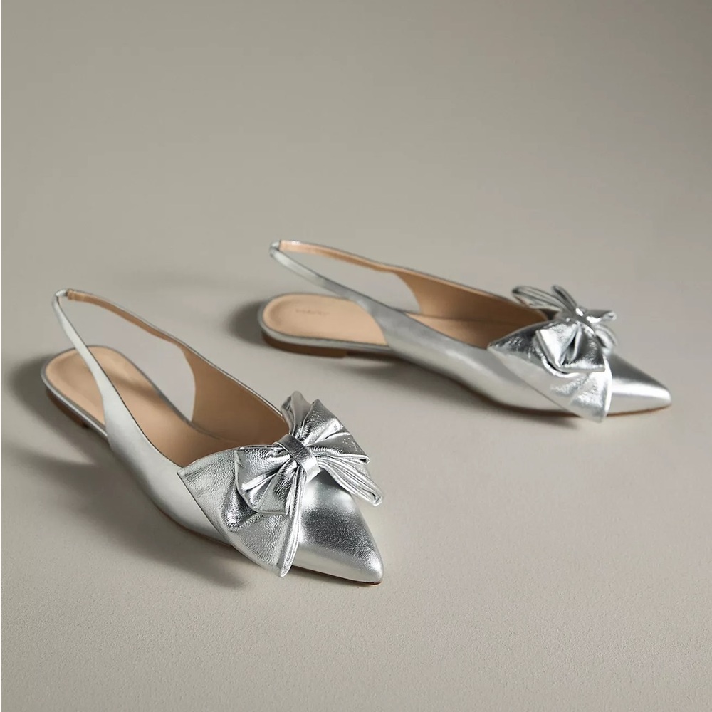 Anthropologie MAEVE BOW SLINGBACK FLATS Style 93883783 Silver Size: US 6/EU 37